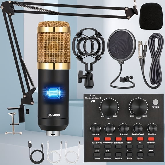 Podcast Equipment Set, Wired Microphone, BM800 Podcast Condenser Microphone And V8 Sound Card, Voice Changer-Audio Interface - Suitable for Recording, Singing, Streaming Media And Games