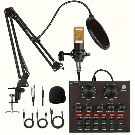 Podcast Equipment Set, Wired Microphone, BM800 Podcast Condenser Microphone And V8 Sound Card, Voice Changer-audio Interface - Suitable for Recording, Singing, Streaming Media And Games.