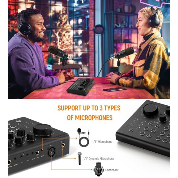 Podcast Equipment Sound Card, Audio Interface Mixer with Pro-preamp, 48V Phantom, 9 Customize Sound Pads, XLR, 1/4", 1/8" Inputs for Live Streaming/Music Recording/Gaming/PC/Guitar, Black