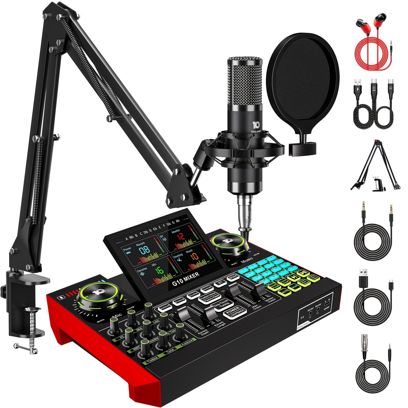 Tenlamp Podcast Kit Audio Interface Wired Microphone Mixer Pro Digital Voice Modulation 13 Channels Black 1 Pack