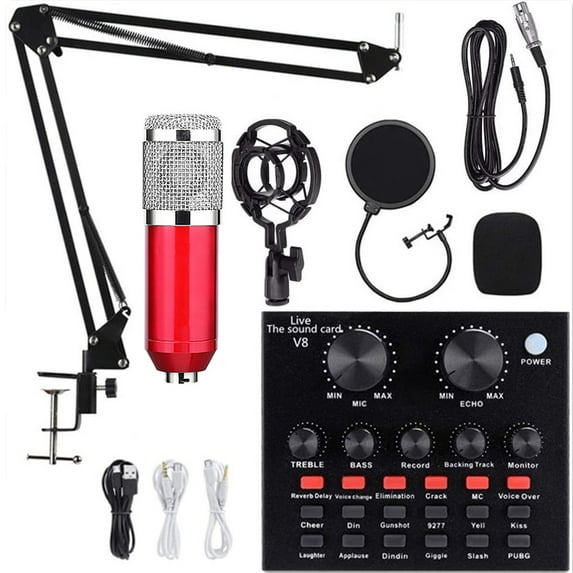 Podcast Microphone Bundle, BM800 Microphone Kit with Live Sound Card, Condenser Microphone & DJ Mixer with Adjustable Mic Suspension Scissor Arm, Shock Mount & Filter for Studio Recording & Broadcas