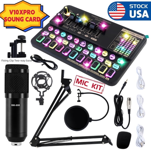 Podcast Microphone Bundle, Music Studio Bundle Microphone Kit with V10XPRO Sound Card, Home Studio Recording Condenser Microphone, Studio Equipment Broadcasting Equipment for Outdoor Live Streaming