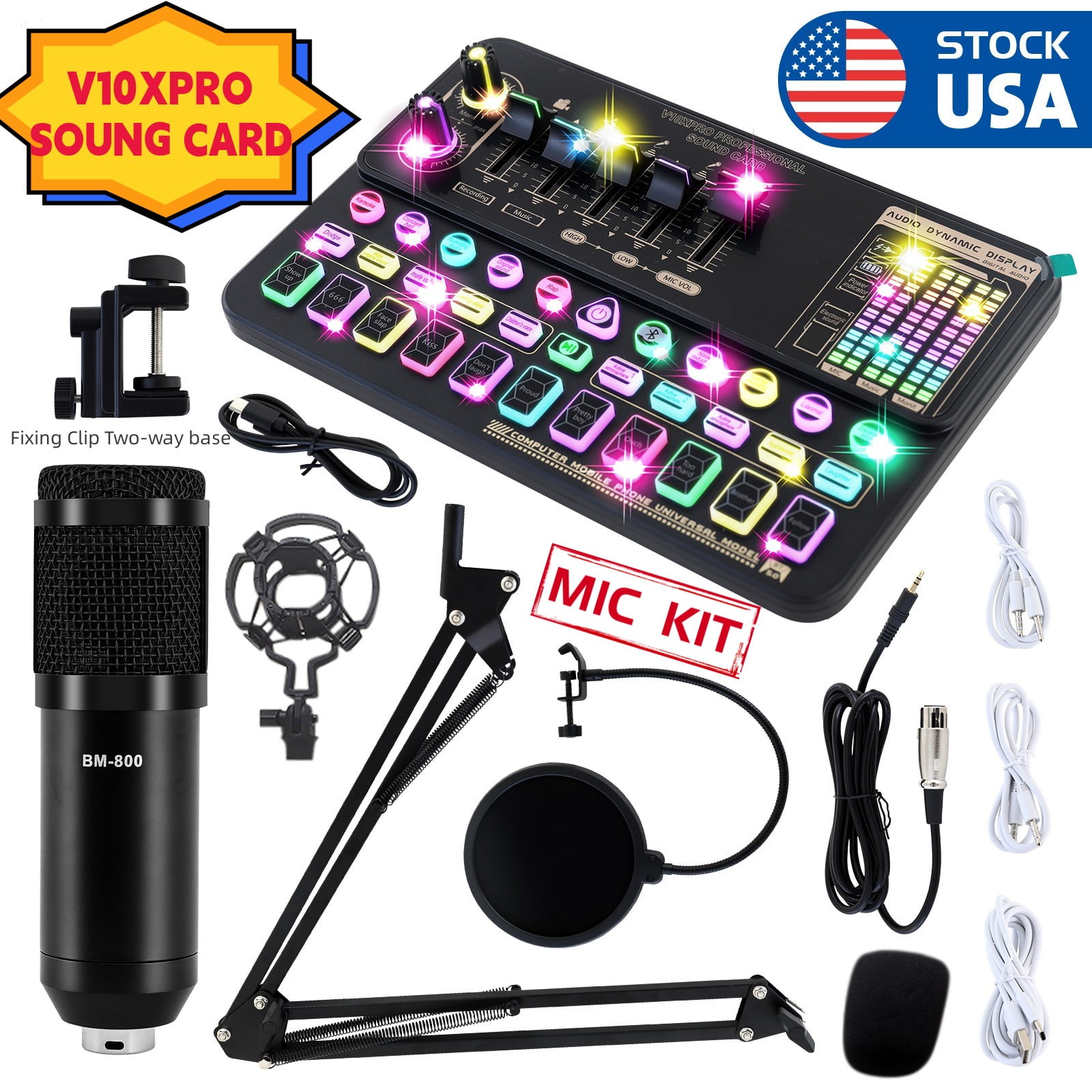 Podcast Microphone Bundle, Music Studio Bundle Microphone Kit with V10XPRO Sound Card, Home Studio Recording Condenser Microphone, Studio Equipment Broadcasting Equipment for Outdoor Live Streaming
