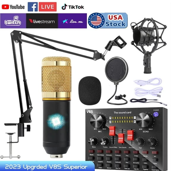 Podcast Microphone Kit with V8S Superior Live Sound Card Condenser Microphone BM-800 & Bluetooth DJ Mixer Metal Holder for Studio Recording Singing Broadcast