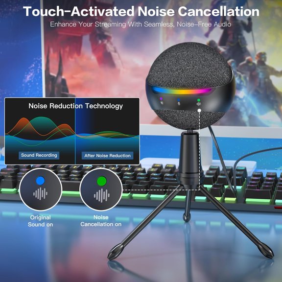 Podcast USB Microphone for PC/Mac/iPhone, Cardioid Condenser Mic with Noise Reduction, Tap-to-Mute, RGB Lighting, Zero Latency Monitoring, Volume Control for Gaming, Recording, YouTube