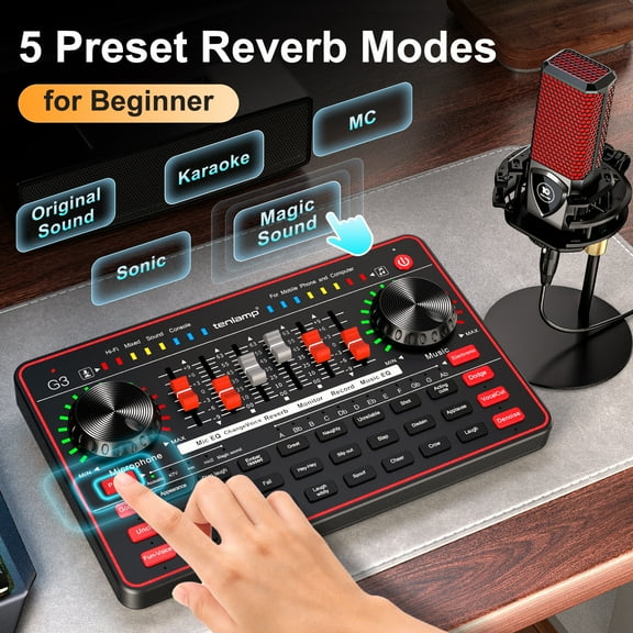 Podcasting Equipment Kit, Sound Card with Line Mic, Voice Changer - Audio Interface, Plug and Play