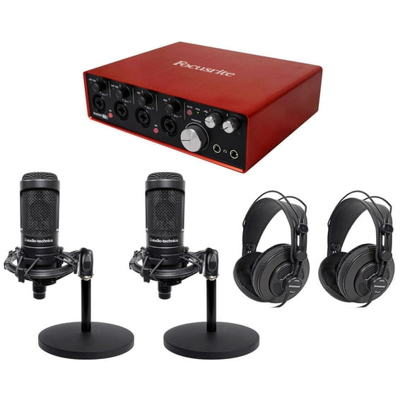 Podcasting Podcast Bundle w/ (2) Audio Technica Mics+Headphones+Weighted Stands