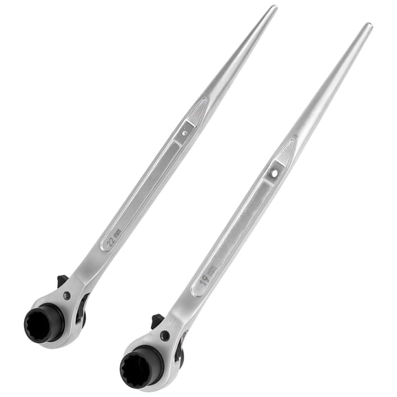 Podger Ratchet Wrench, 19-22 mm Double Socket, Pearl Nickel Finish, Pointed Tail Design, Industrial Grade Scaffold Wrench for Fast Scaffold Installation, 12.2 in / 31 cm Length