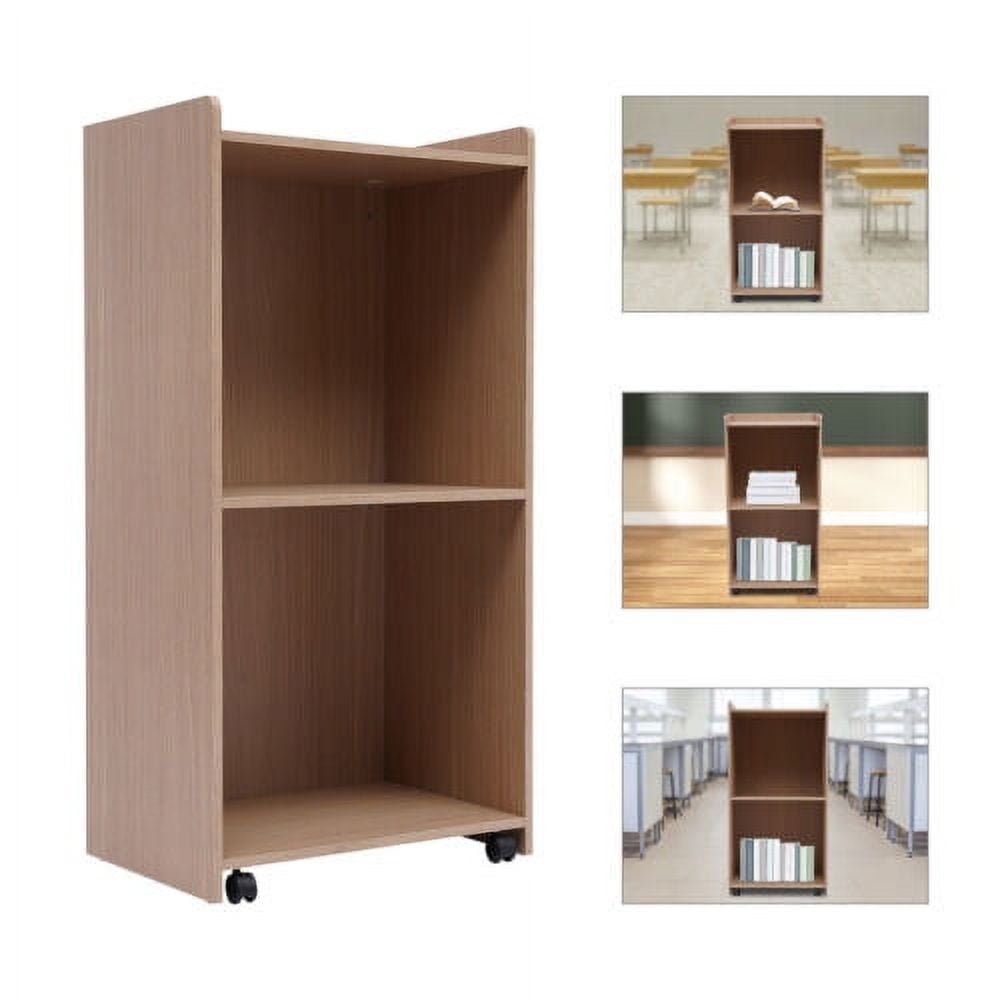 Oak Wood Mobile Conference Lectern with Storage and Wheels