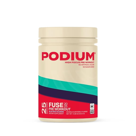 Podium Nutrition, Fuse 2025 Pre Workout Powder, Blue Razz Slushie, 25 Servings, Beta Alanine and Caffeine for Energy, Gluten Free, Soy Free, Dairy Free