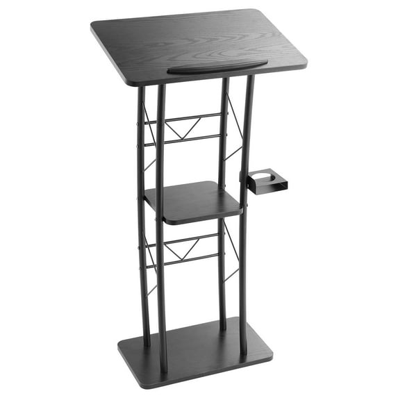 Podium Stand 47 in Curved Metal Lectern with Storage Shelf for Classroom, Wedding, Speech, Office, and Event Use, Durable MDF and PVC Construction, Ergonomic Design, Open Storage, Portable