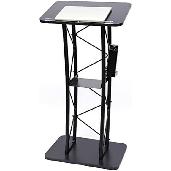 Podium Stand Black Curved Lectern Podium with Storage Shelf, 47-Inch Tall Truss Lectern Pulpit Black Iron Truss Hostess Stand Desk Speaking for Churches, Classrooms, Office$$Office