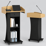 Podium Stand with Metal Wheels Wooden Lectern Portable Pulpit Standing with Storage Mobile Reception Podiums for Church Office School Conference Restaurant Meeting, Wood+Black