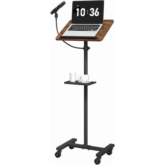 Podium Stand with Microphone Stand, Standing Desk and Laptop Desk with Storage Tray,  Adjustable Height Portable Lectern for Classroom, Conference Room,