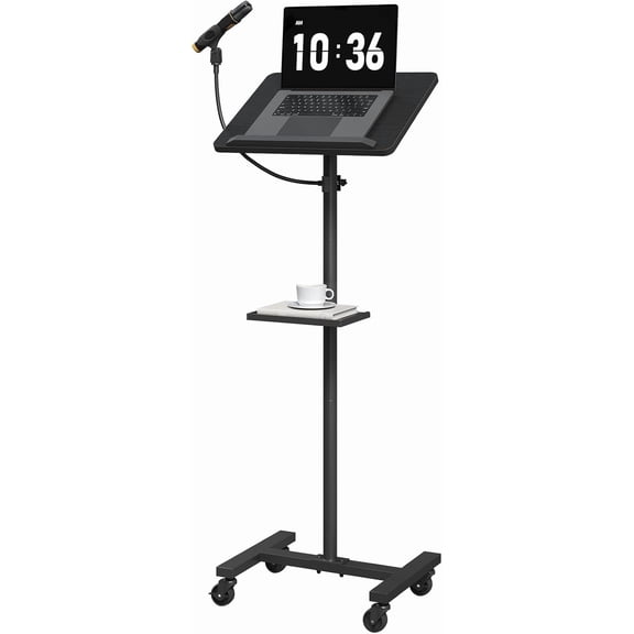 Podium Stand with Microphone Stand, Standing Desk and Laptop Desk with Storage Tray,  Adjustable Height Portable Lectern for Classroom, Conference Room,