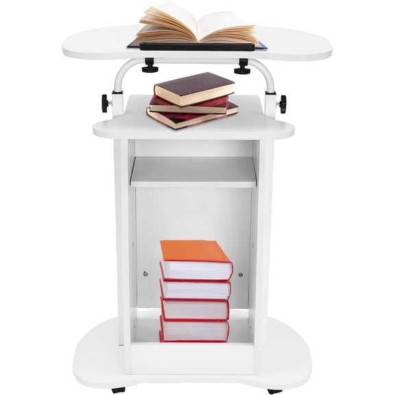 Podium Stand Mobile Laptop Cart Stand with 4 Rolling Wheels Pulpits Height Adjustable Church Classroom Lecture Portable Presentation Stand for Church Office School Home (White)