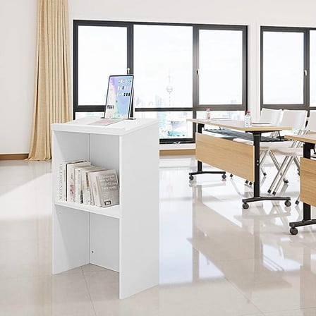 Podium Stand- Portable Podium Stand Hostess Stand Desk with Adjustable Shelf for Churches, Lectern Classrooms, Office (White)