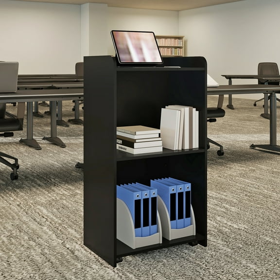 Podium Stand Portable with Wheels, Classroom Lectern for Teacher with Adjustable Storage Shelf, Mobile Rolling Church Pulpits, Office Wooden Reception Desk, Host Stand for School Conference