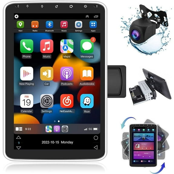 Podofo Android 15 Rotating Touchscreen Single Din Car Stereo with Apple Carplay Android Auto, 10.1" 1 din Car Radio Audio with Bluetooth, HiFi,GPS,WiFi, USB, SWC,FM/RDS +AHD Backup Camera (1+32G)