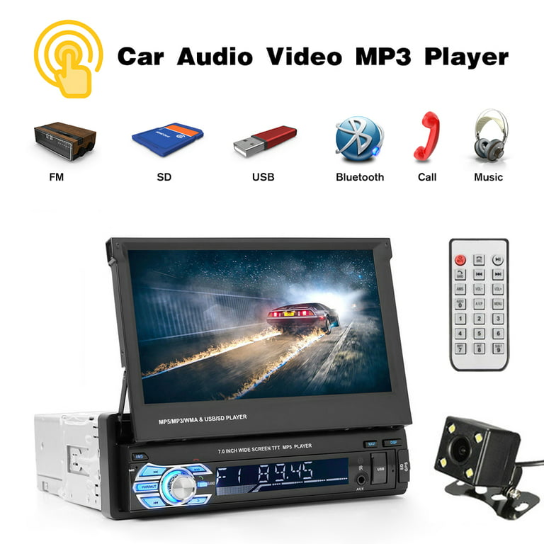 Podofo 1 DIN 7 HD Retractable Car Stereo Car Radio with Bluetooth Touch  Screen Single Din Car MP5 Player Monitor SD FM USB with 4 LED Rear View  Camera 