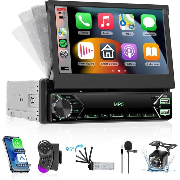 Podofo 1 DIN Car Radio CarPlay Wireless and Android Auto, Podofo Touch Screen Foldable 7 Inch Bluetooth 1 DIN with SWC Mirror Link FM Radio USB-C EQ Color Backlight Adjustment Camera