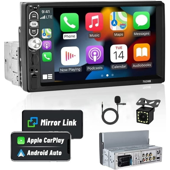 Podofo 1 Din 7" Car Stereo Radio Carplay Android Auto Mirror Link Car Player MP5