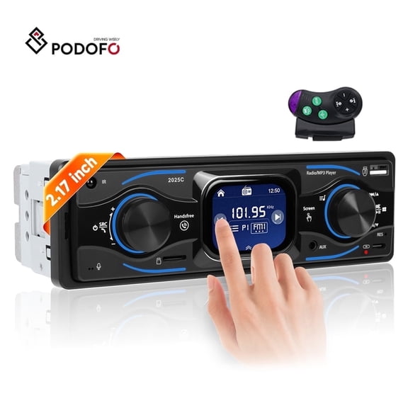 Podofo 1 Din 2.17 inch TFT Screen Car Radio with Bluetooth Handsfree FM Radio EQ AUX/U-Disk/TF Card, Type C Quick Charge Time Display SWC