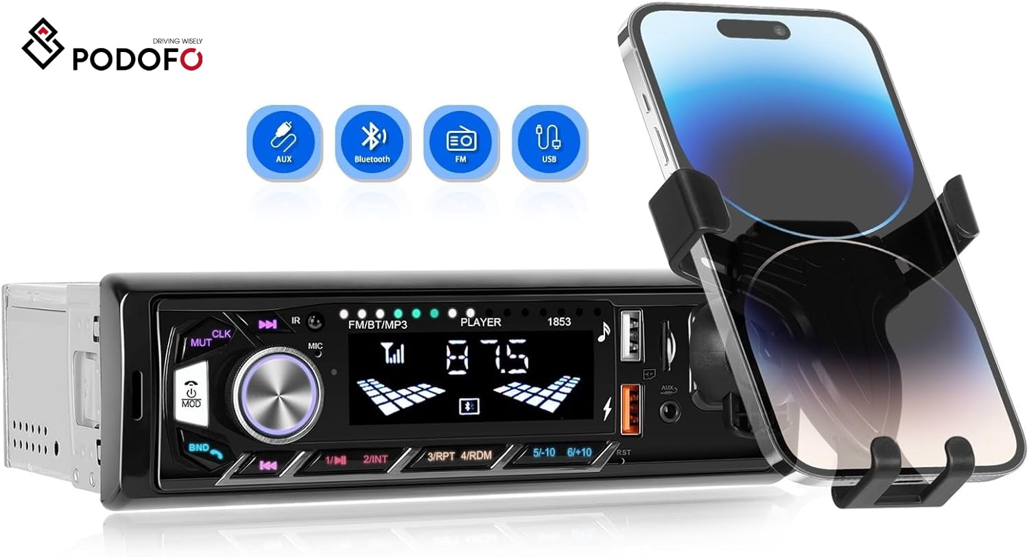 Podofo 1 Din Car Radio Bluetooth Handsfree, Single Din Car Stereo System with Phone Holder, MP3 Player Support FM Radio, Dual USB TF AUX Input, Colorful Lighting
