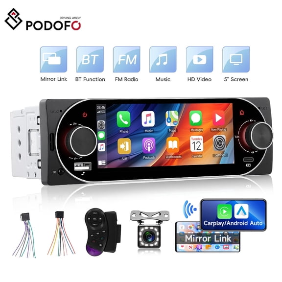 Podofo Single Din Touchscreen Car Stereo with Wireless Carplay&Android Auto,5.1" Car Radio MP5 Player with Bluetooth FM Radio EQ Car Audio with USB/Type-C SWC+Backup Camera