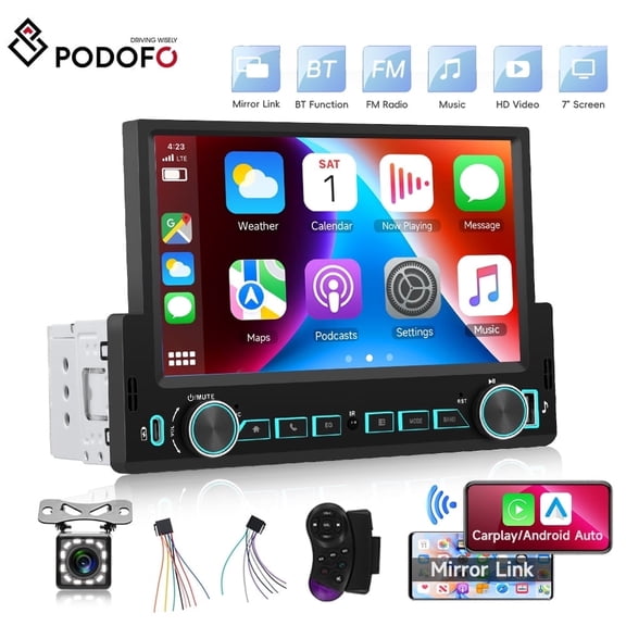 Podofo Single Din Touchscreen Car Stereo with Wireless Carplay&Android Auto,7 Inch Car Radio MP5 Player with Bluetooth FM Radio EQ Car Audio with USB/Type-C SWC+Backup Camera