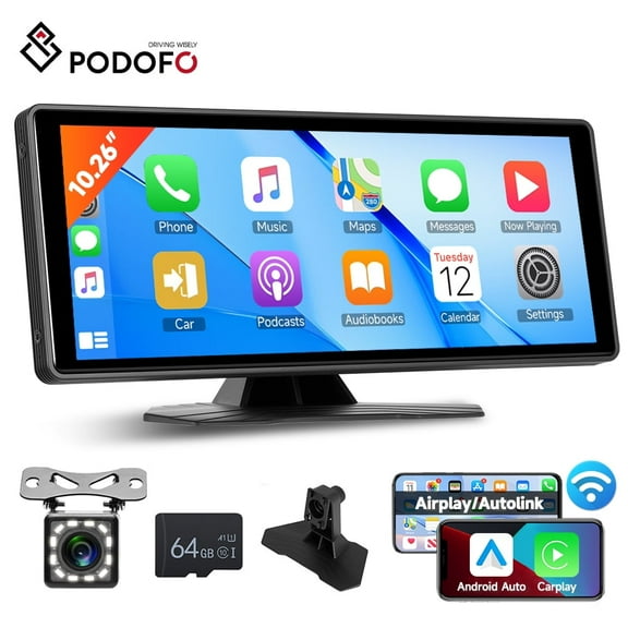 Podofo 10.26 inch Screen Wireless Carplay Android Auto Portable Smart Player Supports AirPlay Android Cast Support CVBS Camera Support Bluetooth Music