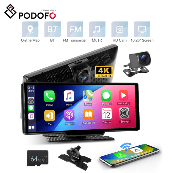 Podofo 10.26-inch Wireless CarPlay Android Auto Support Bluetooth Apple Airplay SuperLink WiFi Video Front Camera DVR 4K for Cars Trucks Van Support Rear Camera With Video Play