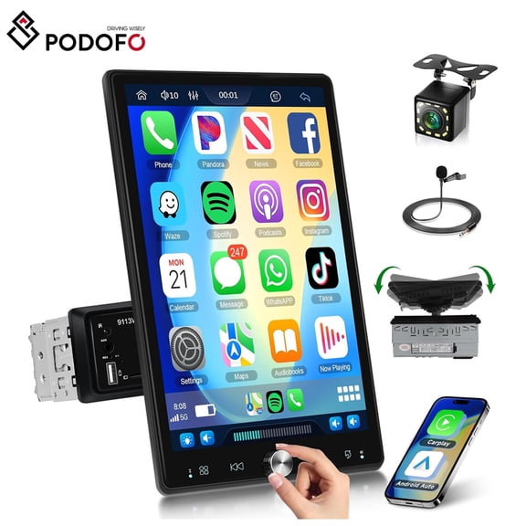 Podofo 10.4 inch Single Din Car Stereo with Wireless Carplay Android Auto-2025 Upgraded 1080P IPS Detachable Touch Screen,5.2Bluetooth,12LED Backup Camera,FM Radio,USB/AUX,Mirror Link,SWC