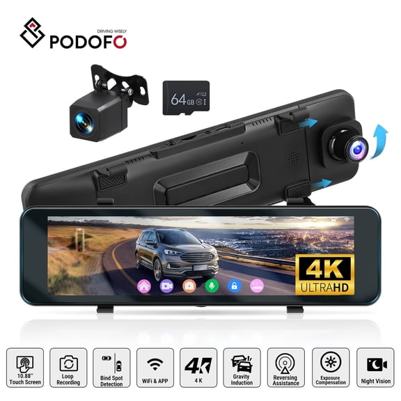Podofo 4K HD Rear View Mirror Camera Dual Cam - 10.88 inch IPS Touchscreen Mirror Dash Cam Front and Rear - WiFi & APP Control/Night Vision/GPS/Loop Recording/G-Sensor/BSD + Backup Camera