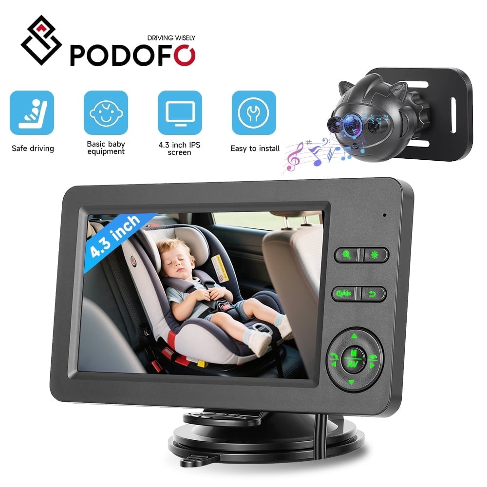 Podofo 4.3 inch Rear Seat Baby Monitor with HD 720P Infrared Night Vision Wide-Angle Lens TN Screen Camera with Bluetooth Music