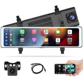 Podofo 11.26" Touch Screen Car Rearview Mirror Dash Cam Front Rear 2 Cameras Driving Recorder Wireless Carplay Android Auto Bluetooth FM Voice Control,No Memory Card