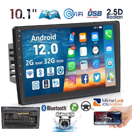 Podofo 2+32G Android 12 Double Din Car Stereo Radio 10 inch HD Touch Screen 1080P Car Multimedia Player Head Unit Bluetooth WIFI GPS USB FM Receiver Mirror Link, with Backup Camera