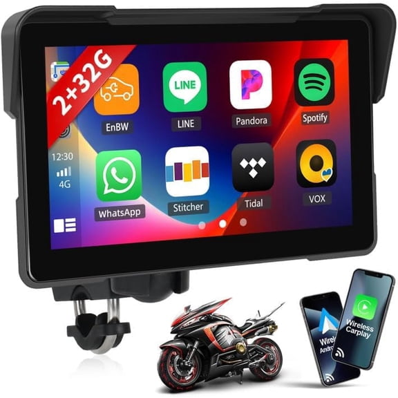 Podofo 2+32G Android Carplay Screen for Motorcycle,Wireless CarPlay&Android Auto,7 Inch IPS Waterproof Portable Radio with Mirror Link,Bluetooth,WiFi,GPS Navigation,Voice Assistant