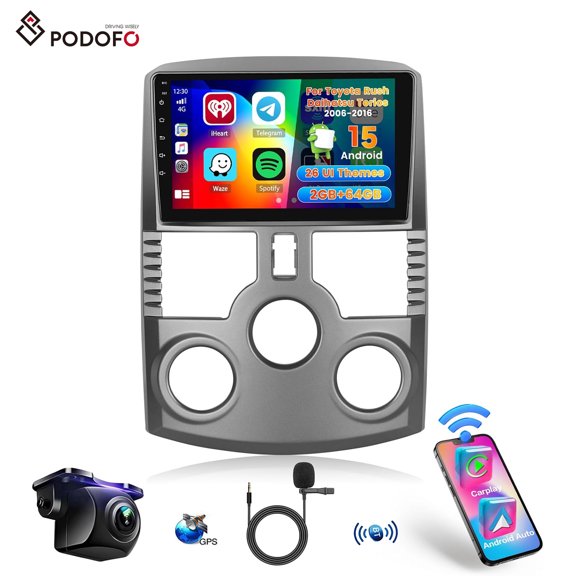 Podofo Android 15 Car Stereo for Toyota Rush Daihatsu Terios 2006-2016 with Wireless Carplay Android Auto/Bluetooth/GPS+Backup Camera