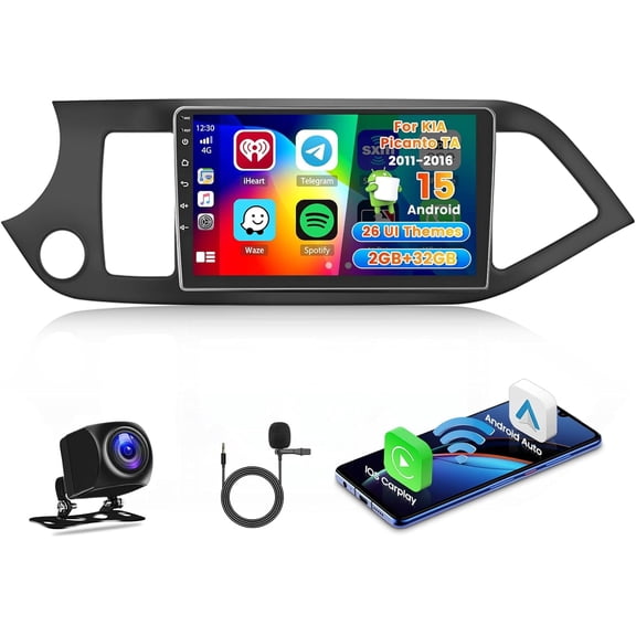 Podofo 2+64G Android Car Radio Navigation for KIA Picanto TA 2011-2016 with Wireless Carplay and Android Car, 9 Inch Touchscreen Radio with WiFi GPS Mirror Link Bluetooth EQ FM/RDS SWC Reversing
