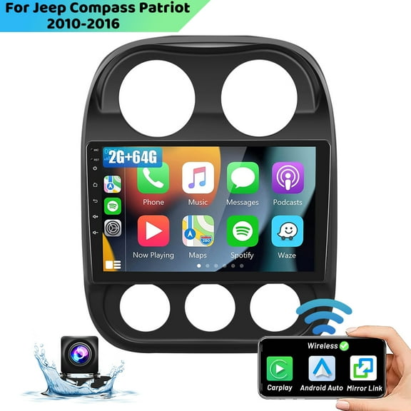 Podofo 2+64G for JEEP COMPASS 2010-2016 Vehicles Android 13 Wireless Carplay Android Auto Mirror Link 10'' Touchscreen Car Stereo Radio WIFI GPS FM Bluetooth Hifi USB,AHD Backup Camera