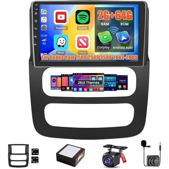 Podofo 2+64G Screen for Dodge Ram 1500 2500 3500 2002 2003 2004 2005 CarPlay Stereo Android 15.0 Car Radio 10.1 Inch Touchscreen Android Auto Backup Camera GPS FM RDS DSP 26UI