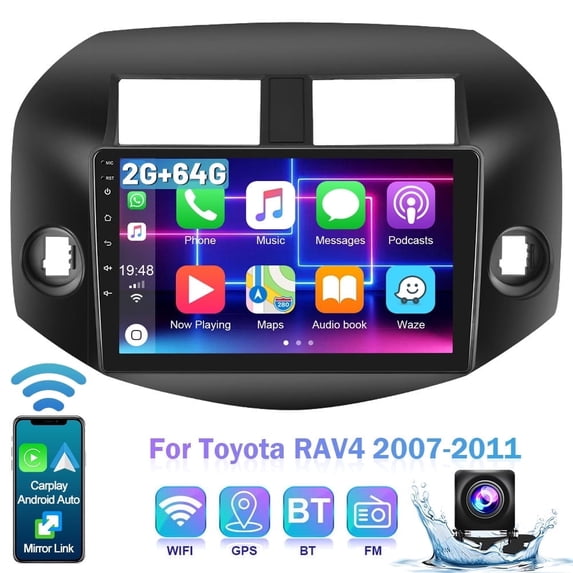 Podofo 2+64G for Toyota RAV4 2007-2011 Wireless Carplay Android Auto Mirror Link 10'' Touchscreen Car Stereo Radio Android 13 WIFI GPS FM Bluetooth Hifi USB,AHD Backup Camera