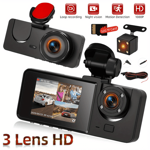 Podofo 2025 New 2'' 3 Lens Dashcam is Equipped with A 1080P Main Camera, 2*480P Auxiliary Cameras, 30FPS, 8-Infrared Exposure Compensation, WDR Parking Monitoring and Plug-in Games.