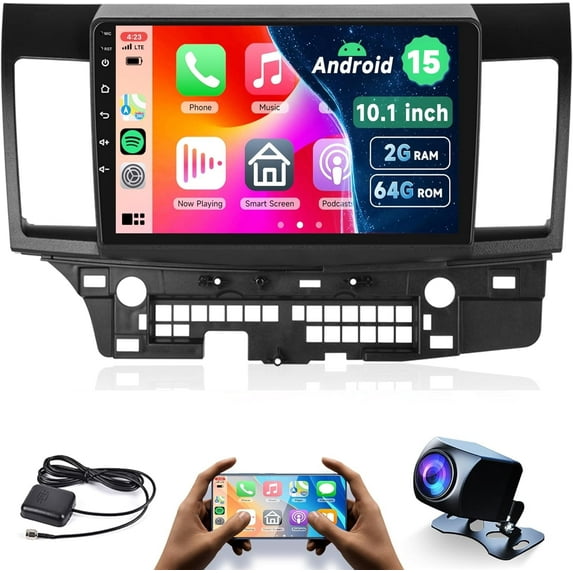 Podofo 2G+64G 10.1 Inch Car Radio Stereo for Mitsubishi Lancer 2008 2009 2010 2011-2017, Android 15.0 Carplay Android Auto Mirror Link EQ Touch Screen GPS Navigation WiFi BT FM Backup Camera