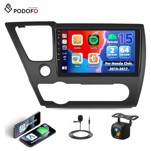 Podofo 2G 64G Android 15.0 Car Stereo Radio for Honda Civic 2013-2017 Wireless Carplay Android Auto, 9" Touch Screen in-Dash GPS Navigation Head Unit FM/RDS EQ WiFi,USB AHD Backup Camera & Mic