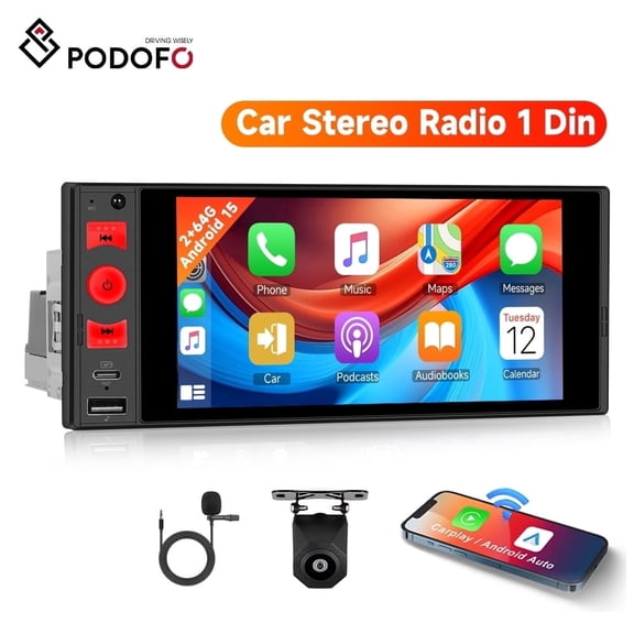 Podofo Android 15 2G+64G 6" Touch Single Din Car Stereo with Wireless Apple Carplay Android Auto, Backup Camera