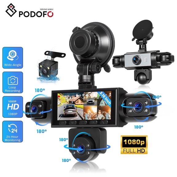 Podofo 3.16 in 1080P Car Dashcam with 5 High-Definition Lenses, including 480P Left Interior, Right Interior, and Rear View Cameras.
