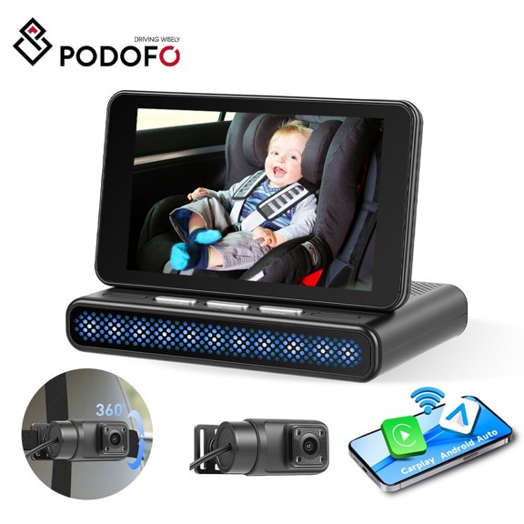 Podofo 3.97-inch CarPlay Android Auto Support Bluetooth for Cars Trucks Van Support Headrest Baby Camera for Baby Wide-Angle Lens