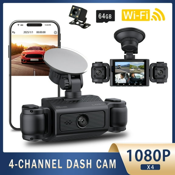 Podofo 360 WIFI Car Recorder 4-Channel HD 1080P Car Camera with Night Vision, WDR, Comes with 64GB Memory Card, 2.4-inch IPS Screen, Loop Recording, G Sensor, 24-Hour Parking Mode.